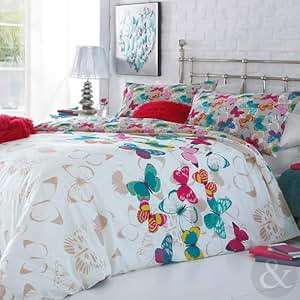 Multi Coloured Butterfly Duvet Cover - Cotton Rich Cream Blue Pink Bedding Set