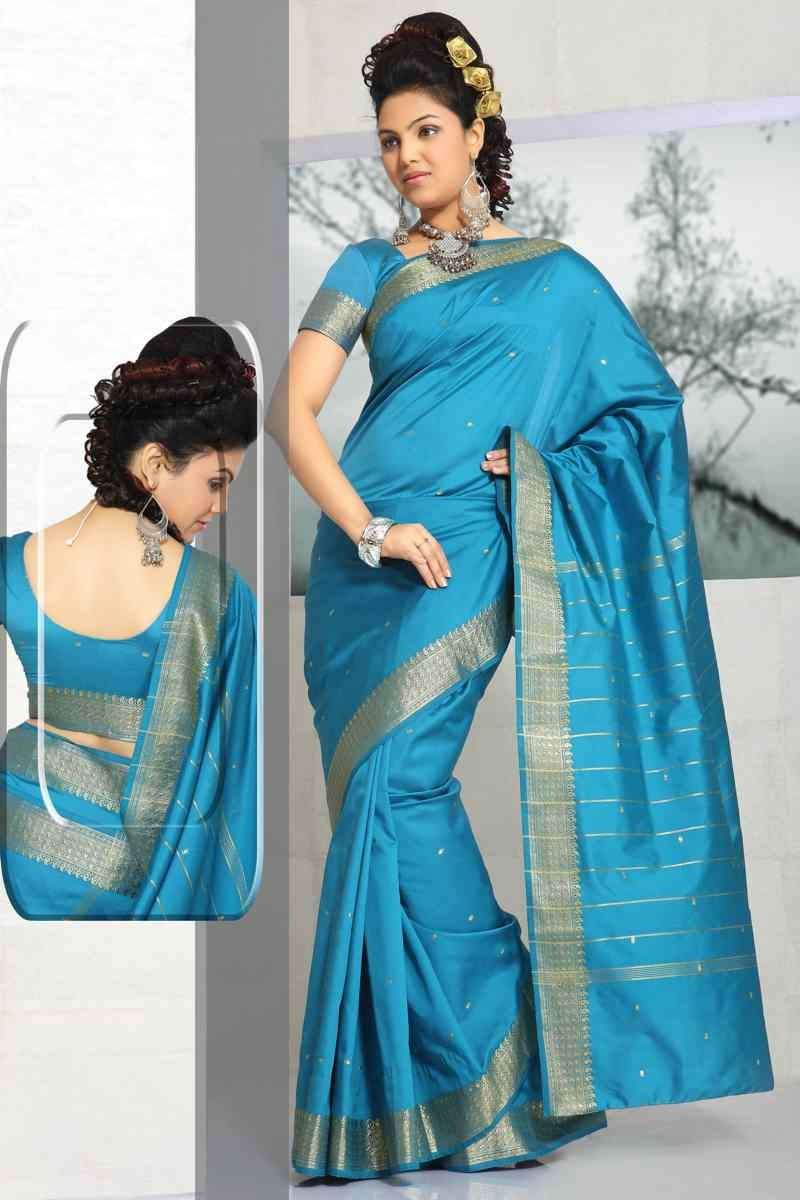 Turquoise Art Silk Saree Sari fabric India Golden Border