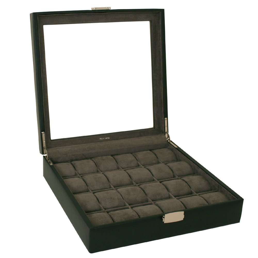 24 Watch Box XL Single Level Black Leather Large Compartments High Clearance Glass Window