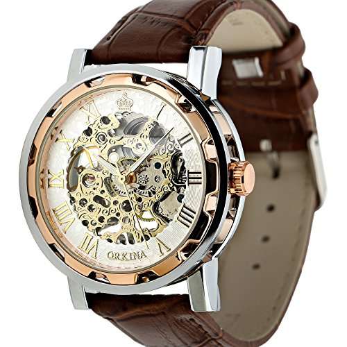 ESS Men's Man Brown Leather Stainless Silver Skeleton Semi Mechanical Mens Men Wrist Watch GIFT WM34