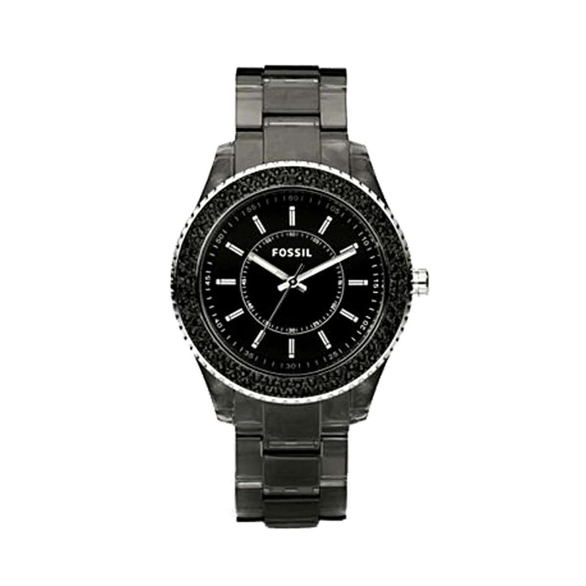 Fossil Women's ES2454 Black Resin Bracelet Black Glitz Analog Dial Watch