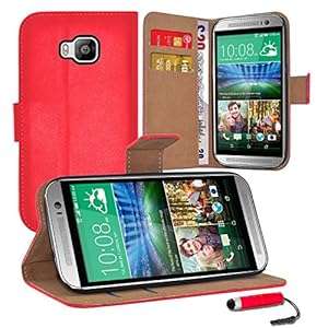HTC One M9 - Premium Leather Book Wallet Case Cover Pouch Screen Protector With Microfibre (Red)