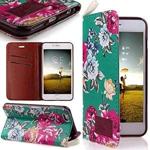 iPhone 6 Plus Plus Case ISAKEN Colorful Pattern Pu Leather Magnetic Flip Wallet (Green Camellia)