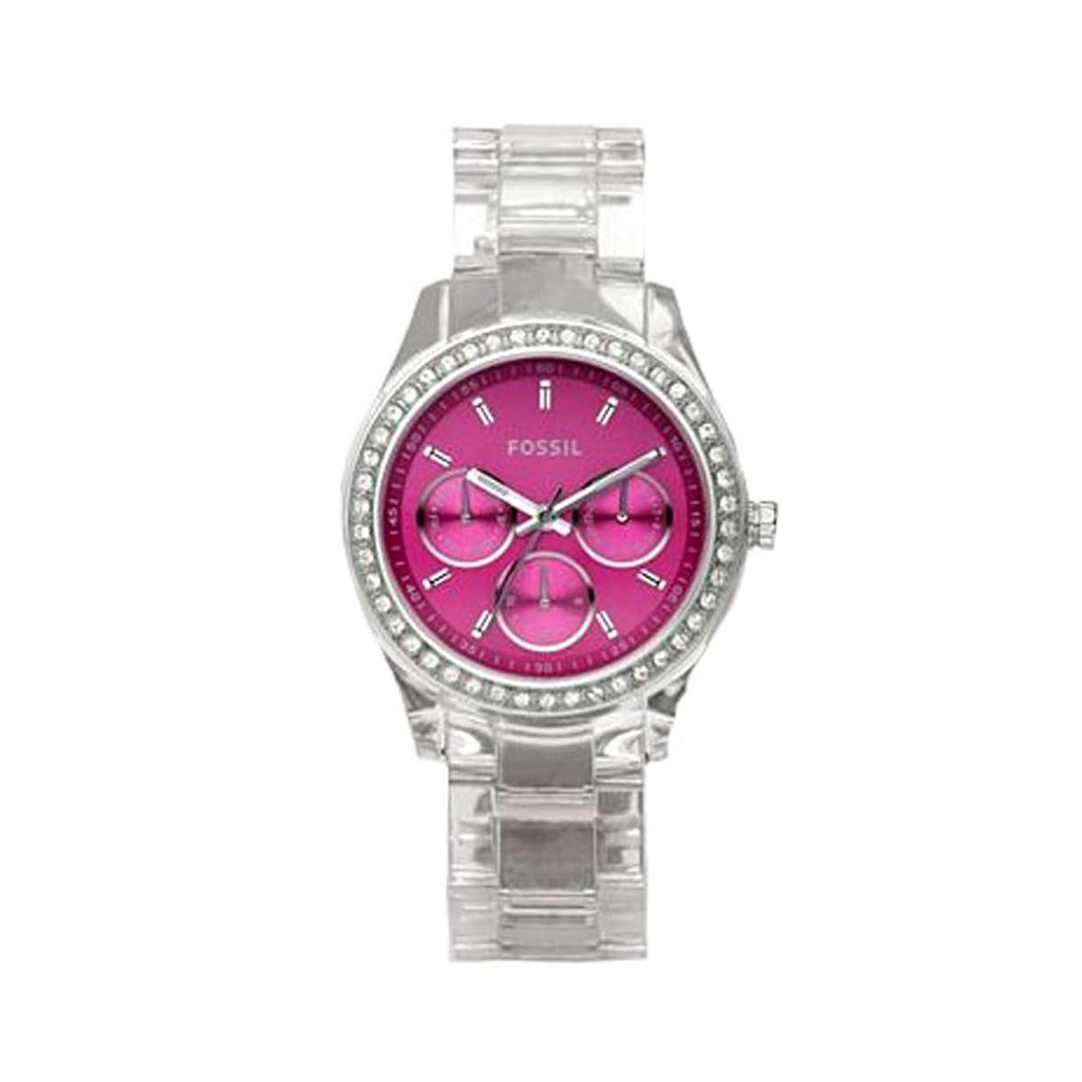 Fossil Boyfriend Women's ES2604 Clear Plastic Bracelet Pink Glitz Analog Dial Multifunction Watch