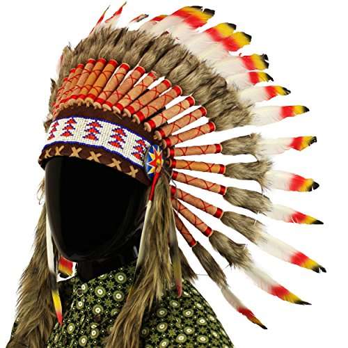 Fair trade Indian headdress with red, yellow and grey feathers