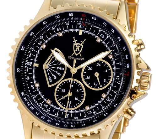 Mens German Gold Bracelet Black Dial Diamond Accent Multifunction Day Date Konigswerk