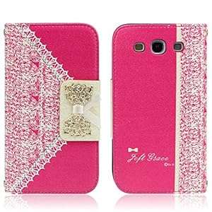 Ukamshop Cute Pink Lace Bow Flip Wallet Leather Case Cover (Samsung Galaxy S3 Hot Pink)