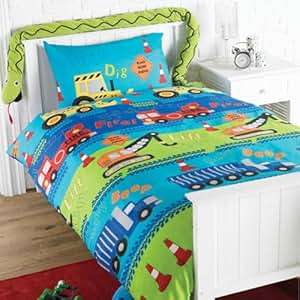 Road Works Ahead Diggers Green Blue Kids Childrens Boys Single Bed Size Duvet Cover Quilt Set