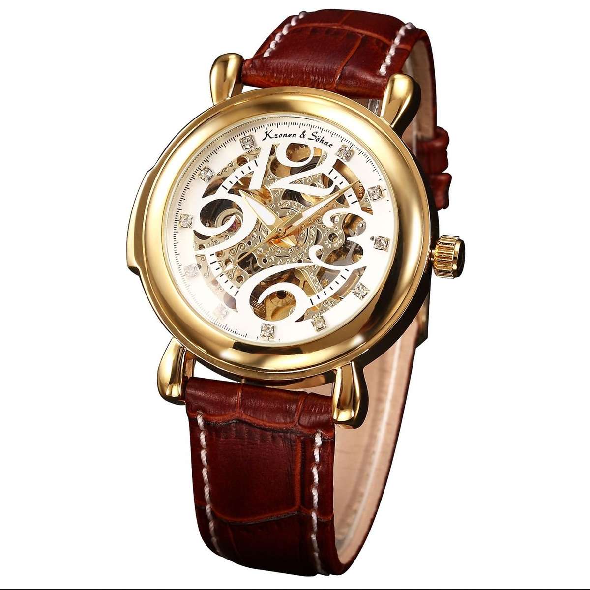 *ends @ 12:45pm* KRONEN & SOHNE *Royal Carving* Gold pl. Skeleton Automatic Mechanical Leather Watch