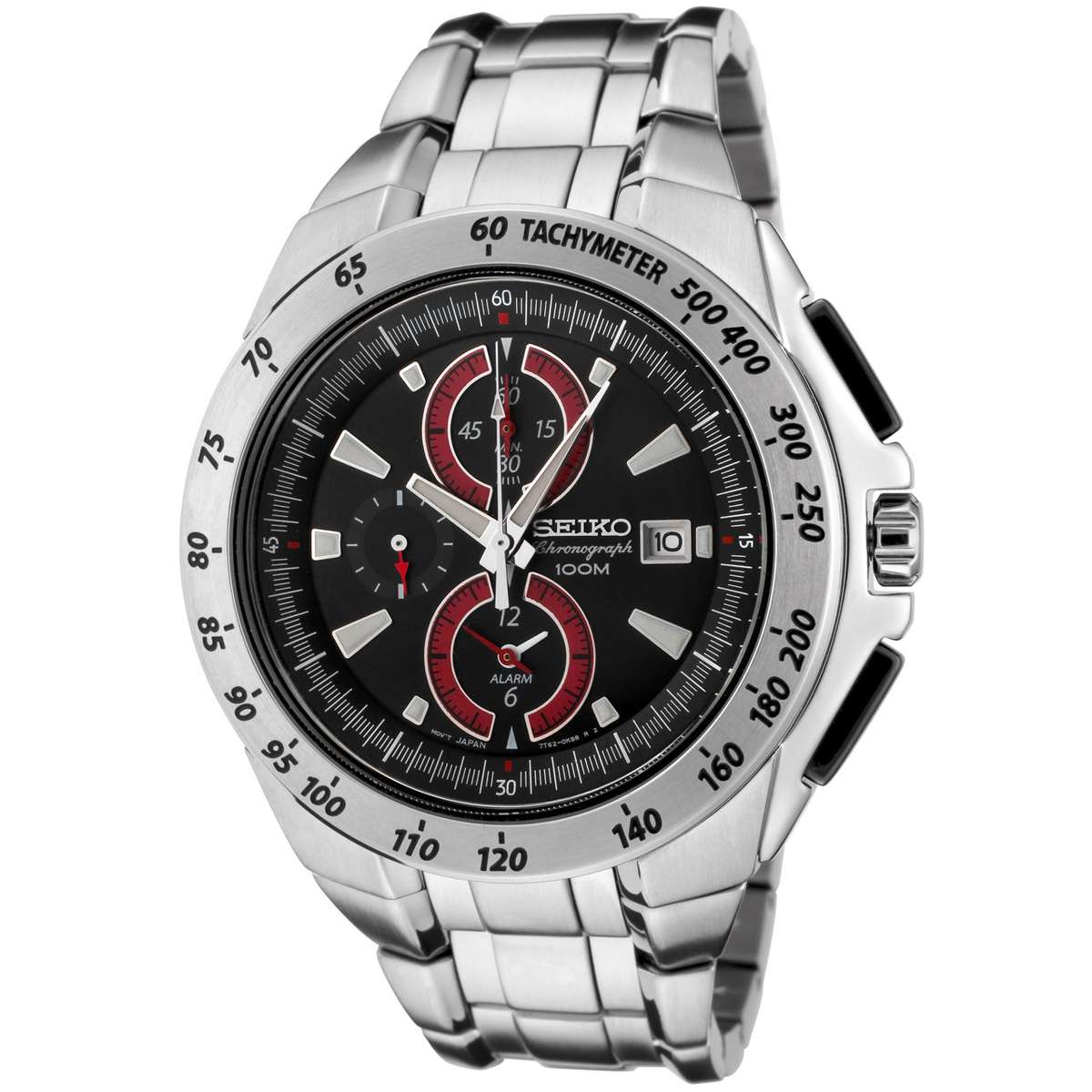 ***R7300***Seiko Men's SNAB07 Chronograph Stainless Steel Black Dial Alarm Watch