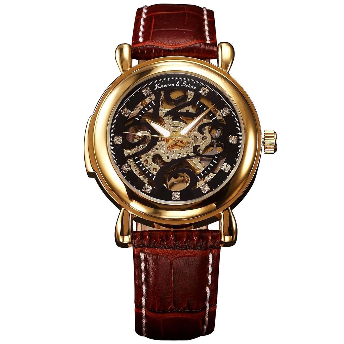 ends 1:45pm** KRONEN & SOHNE **Royal Carving** Rose Gold pl. Skeleton Automatic Mech Leather Watch