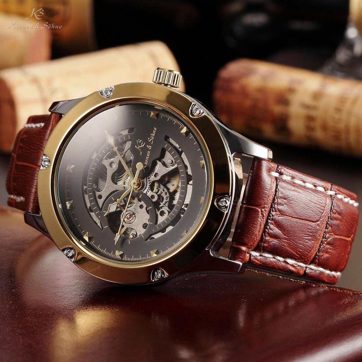 KRONEN & SOHNE Navigator Voyager Skeleton Automatic Brown Leather Watch w/ BOX AND PAPERS