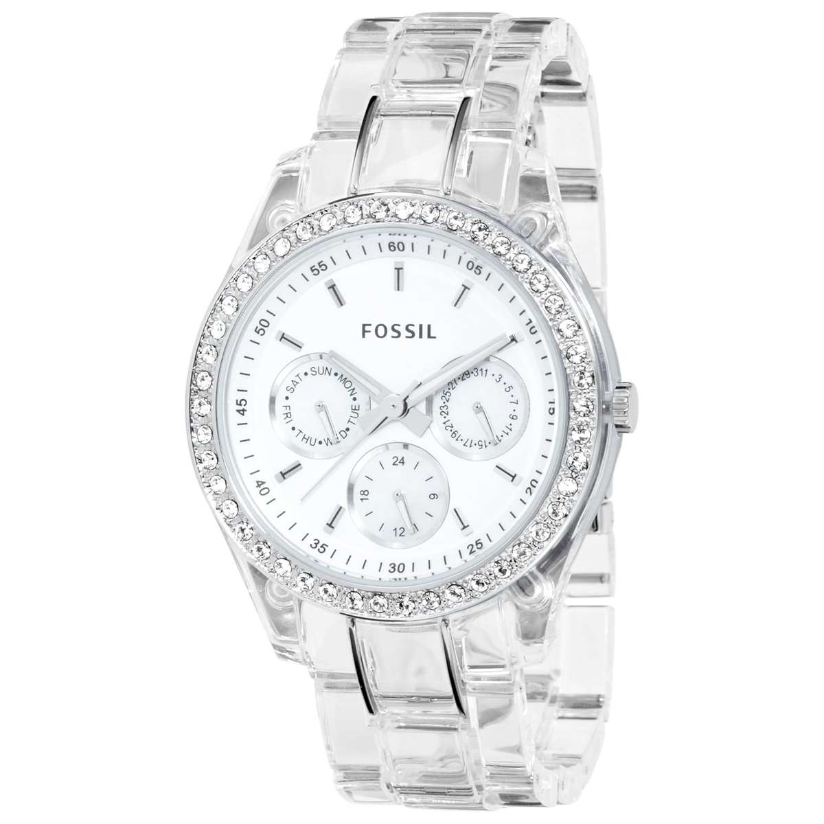 Fossil Women's ES2364 Clear Resin Bracelet White Glitz Analog Dial Multifunction Watch