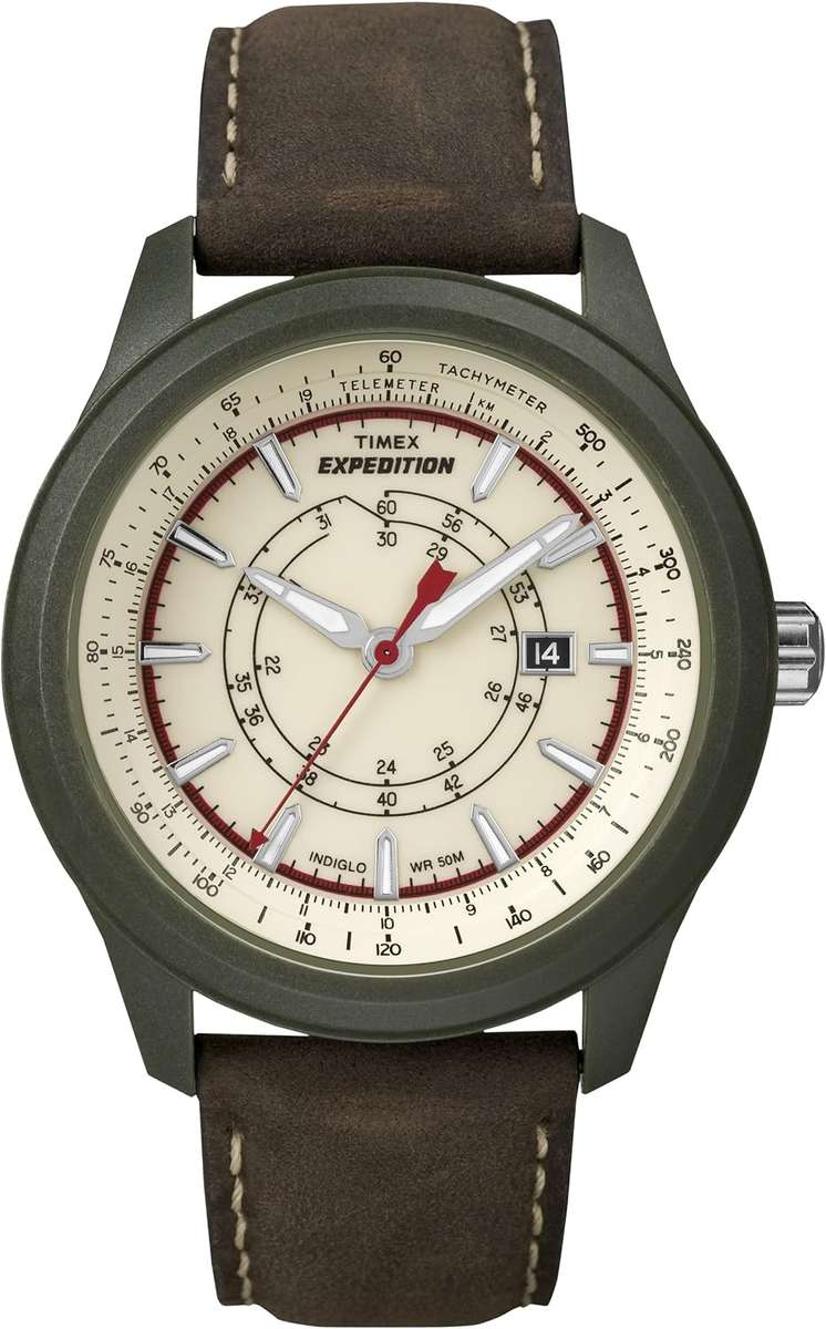 Timex Men's T49921 Expedition Camper Green Case Natural Dial Brown Leather Strap Watch