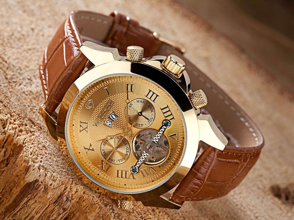 *END'S TONIGHT!!* YVES CAMANI Men's Navigator GOLD pl. Automatic Brown Leather Watch