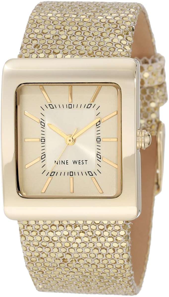 Nine West Women's NW/1292CHGD Square Gold-Tone Sparkle Strap Watch