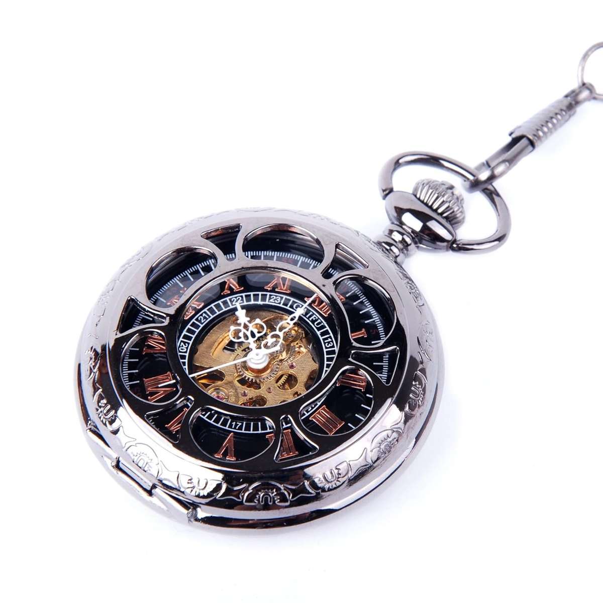 Skeleton Black Pocket Watch Chain Mechanical Hand Wind Half Hunter Vintage Look Value Quality - PW19