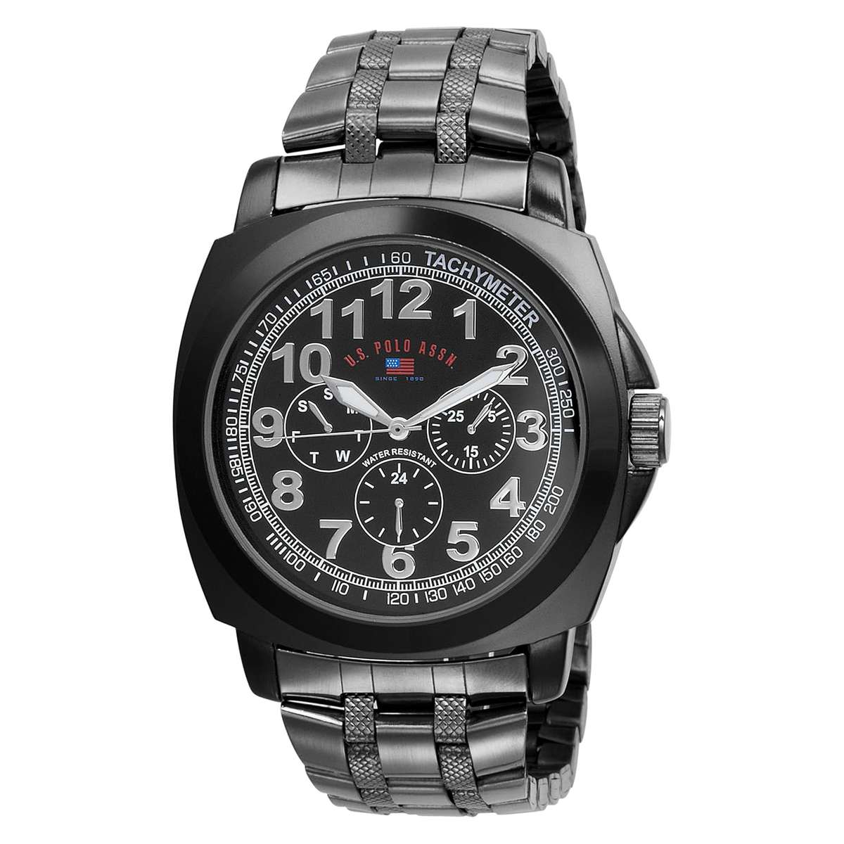U.S. Polo Assn. Men's US8455EXL Black Dial Extra Long Gun Metal Bracelet Watch