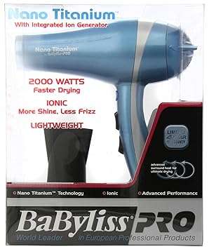 Babyliss Pro BABNT5548 2000 Watt Ionic Nano Titanium with Integrated Ion Generator Hair Dryer