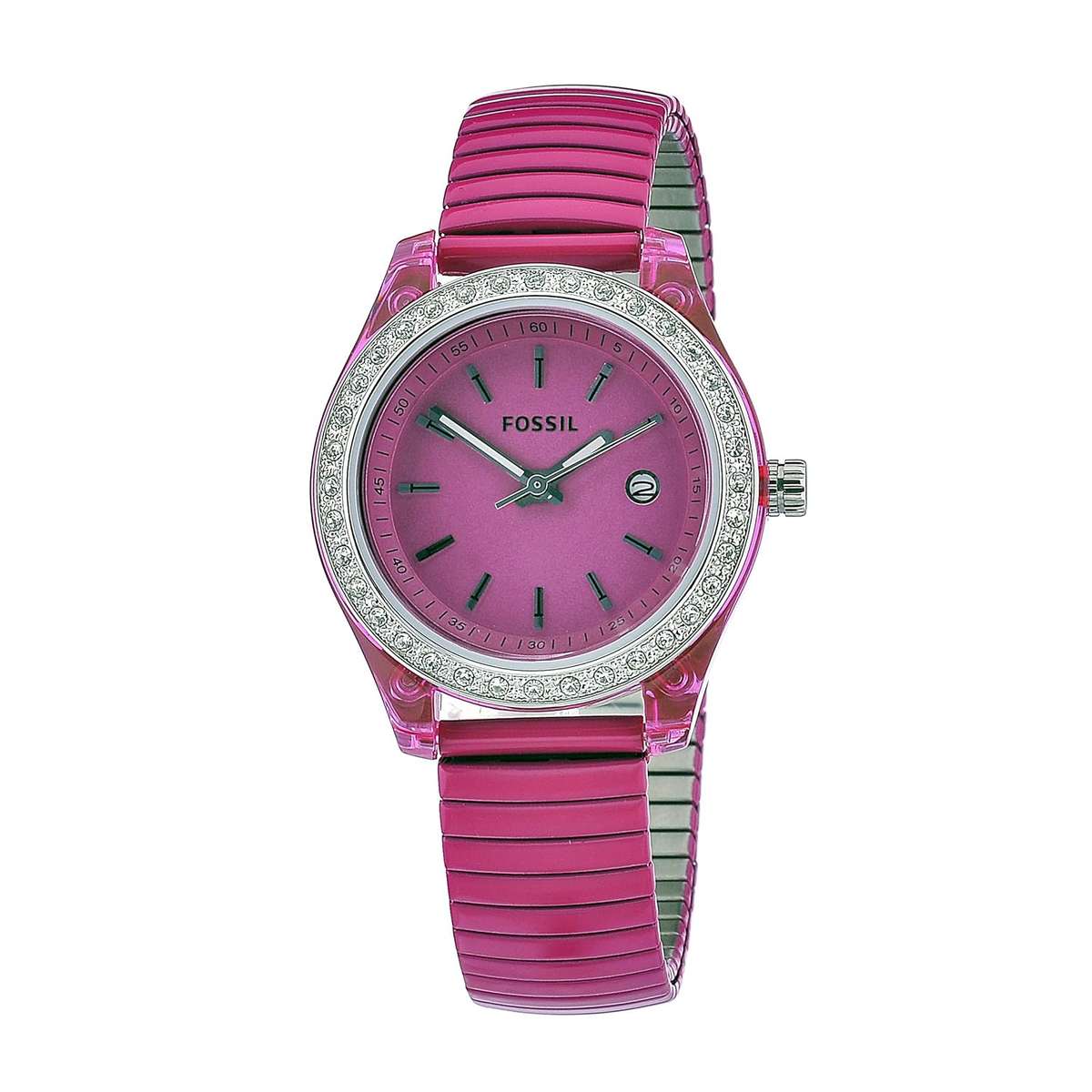 Fossil Women's ES2909 Pink Stainless Steel expandable bracelet Pink Case & Dial Crystallized bezel W
