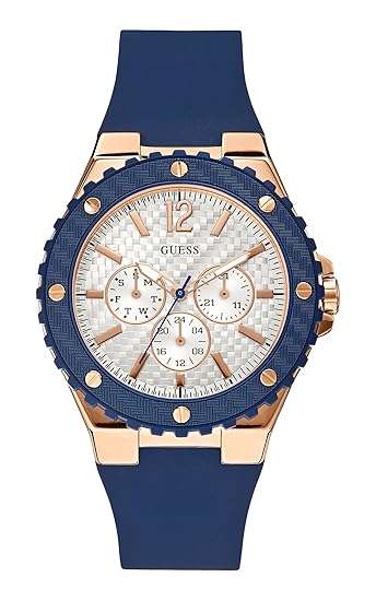 GUESS Women's U0452L3 Sporty Oversized Multi-Function Watch on a Comfortable Navy Blue Silicone Stra