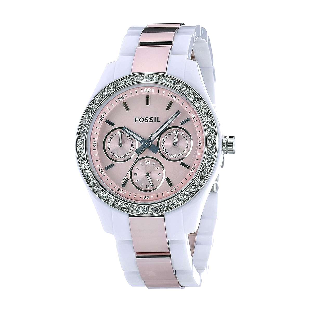 Fossil Women's ES2802 Plastic Case & Bracelet Fixed Silver-tone Bezel set with Crystals Glittering