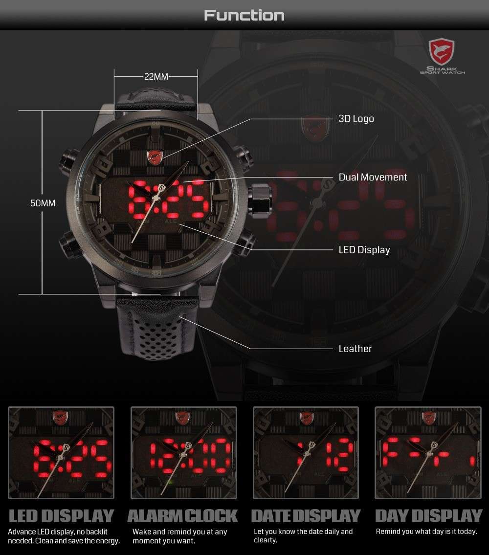 SHARK Digital Dual Movement Alarm Stainless Steel Case Leather Strap Sport Watch BRAND NEW