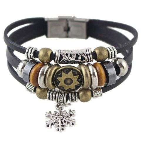 Vintage Faux Leather Rope Snowflake Beads Bracelet For Men