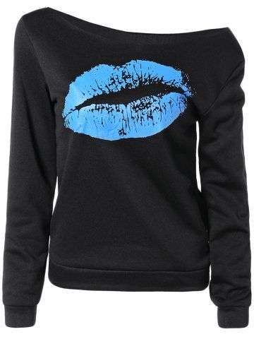 Women s Oblique Shoulder Long Sleeve Lip Print T Shirt - Large