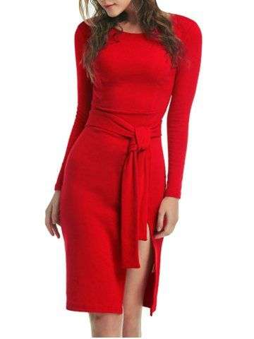 Round Collar Sash Waist Sheath Women Slit Dress - Medium