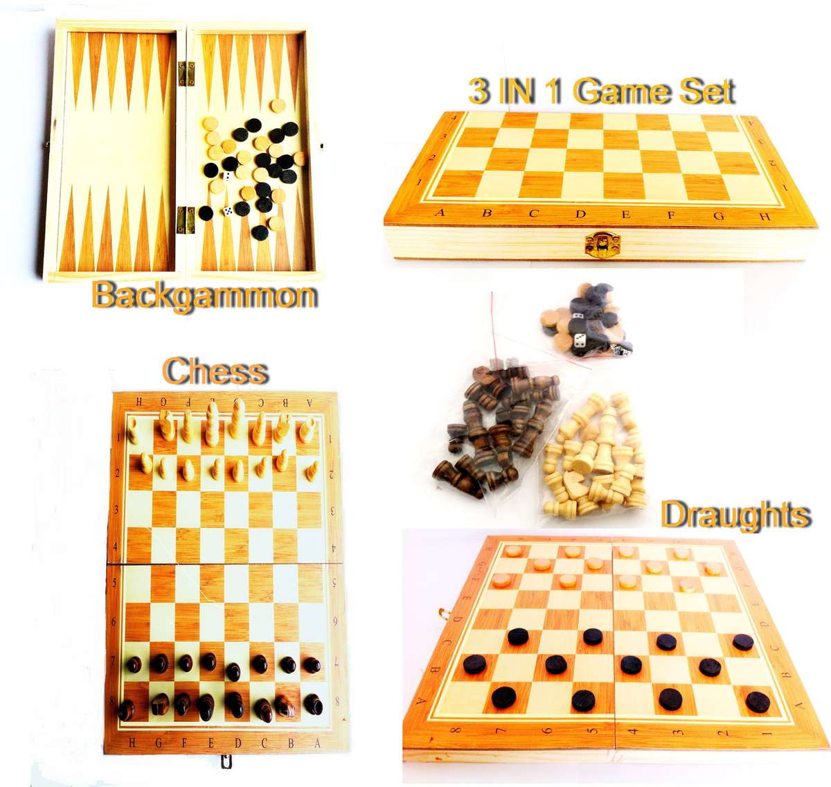 3-in1 Wooden Folding Chess set - Chess, Draughts and Backgammon