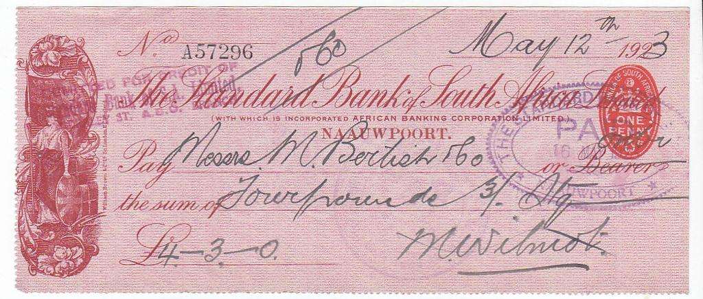 THE STANDARD BANK OF SOUTH AFRICA CHEQUE(USED) 12 MAY 1923 / 4.3.0 POUNDS # A57296