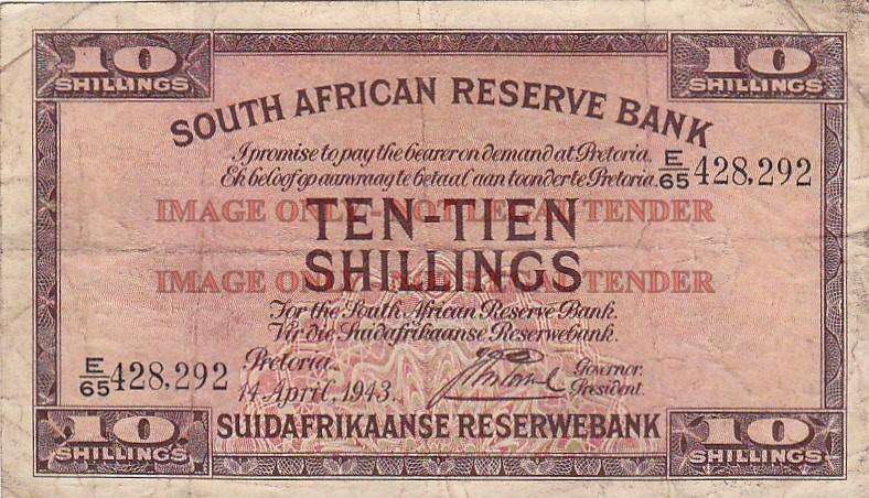 SOUTH AFRICA 10 SHILLINGS POSTMUS 14 APRIL 1943 E65 428292
