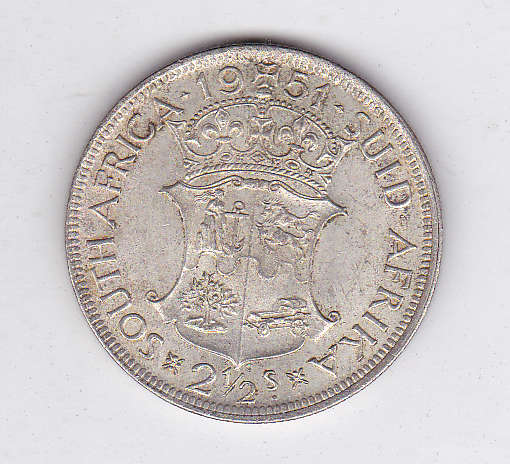 SOUTH AFRICA TWO AND A HALF SHILLINGS 1951 SILVER