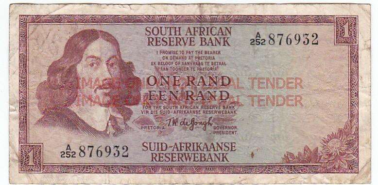 SOUTH AFRICA 1 RAND T.W. DE JONGH A252 876932 / 1967