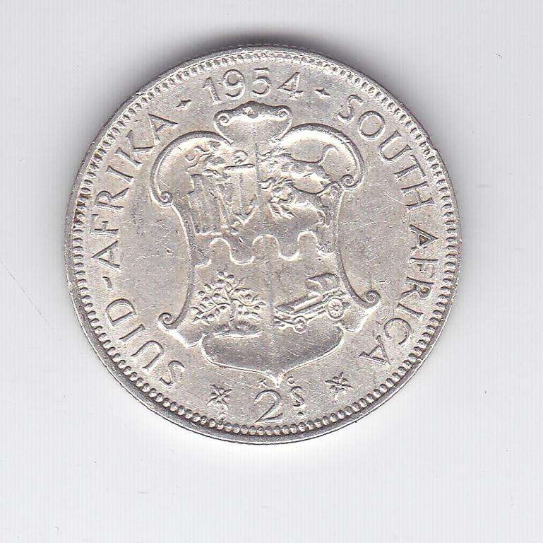 SOUTH AFRICA 2 SHILLINGS 1954 HIGH GRADE SILVER
