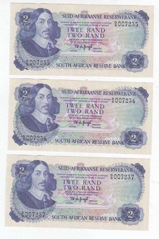 SOUTH AFRICA R 2 CONSEQUTIVE X 3 DE JONGH D8 007235/6/7 AU LOW NUMBERS