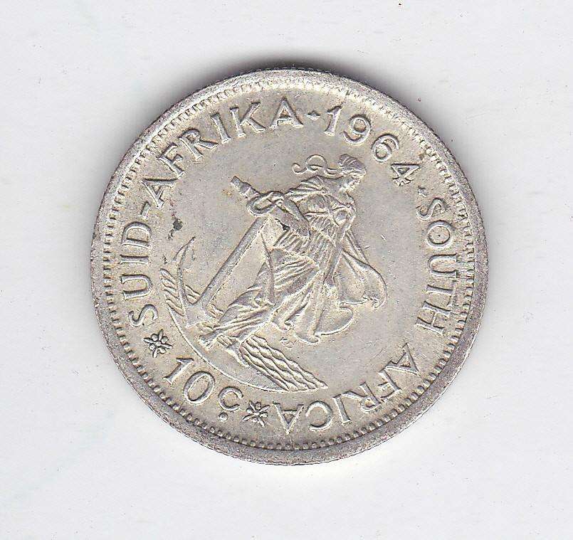 SOUTH AFRICA 10 CENTS 1964 SILVER HIGH GRADE