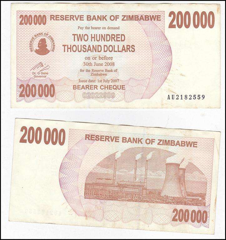 ZIMBABWE 200000 DOLLARS BEARER CHEQUE 2007