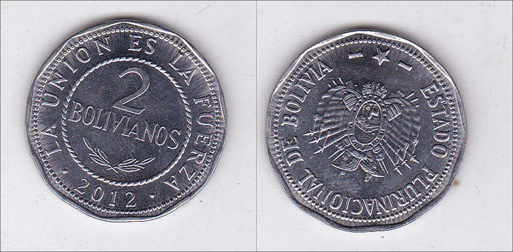 BOLIVIA 2 BOLIVIANOS 2012 EF FACE VALUE R4.2