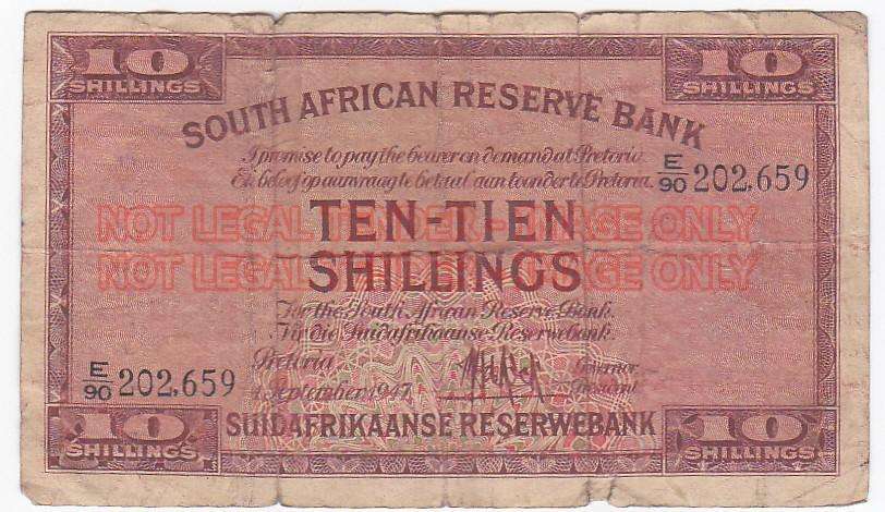 TEN SHILLINGS M.H. DE KOCK 1ST SEPTEMBER 1947 E90 202,659 - FIRST ISSUE