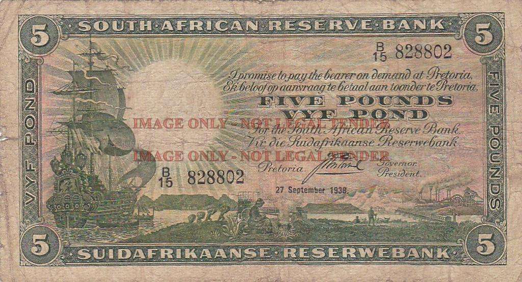 SOUTH AFRICA 5 POUNDS POSTMUS 27.9.1938 B15 828802