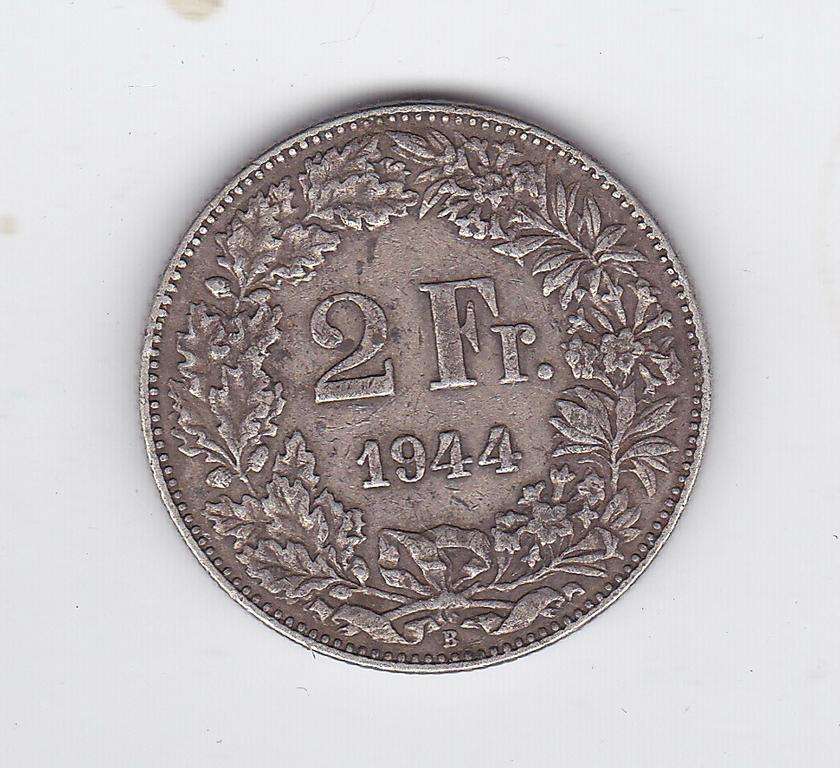 SWITZERLAND 2 FRANCS  1944 SILVER .835