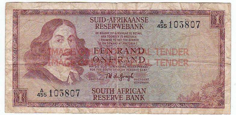 SOUTH AFRICA 1 RAND T.W. DE JONGH A455 103807 / 1967