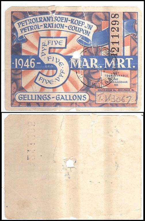 PETROL RATION COUPON 1946 5 GALLONS T.V.3067