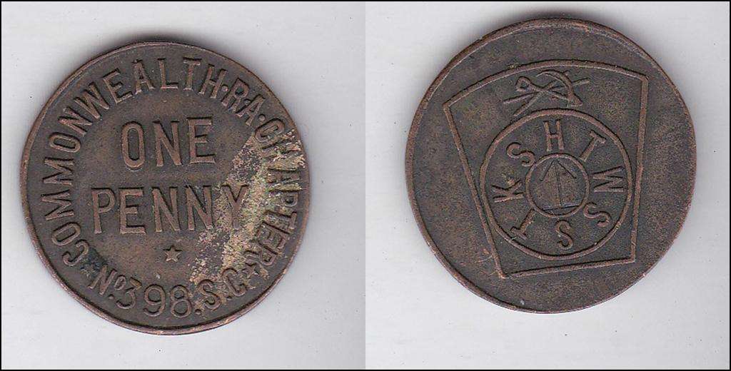 VINTAGE MASONIC KEYSTONE HTWSSTKS COIN TOKEN - ONE PENNY