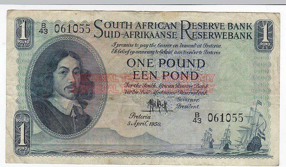 SOUTH AFRICA 1 POUND M.H. DE KOCK 5 APRIL 1950 B43 061055