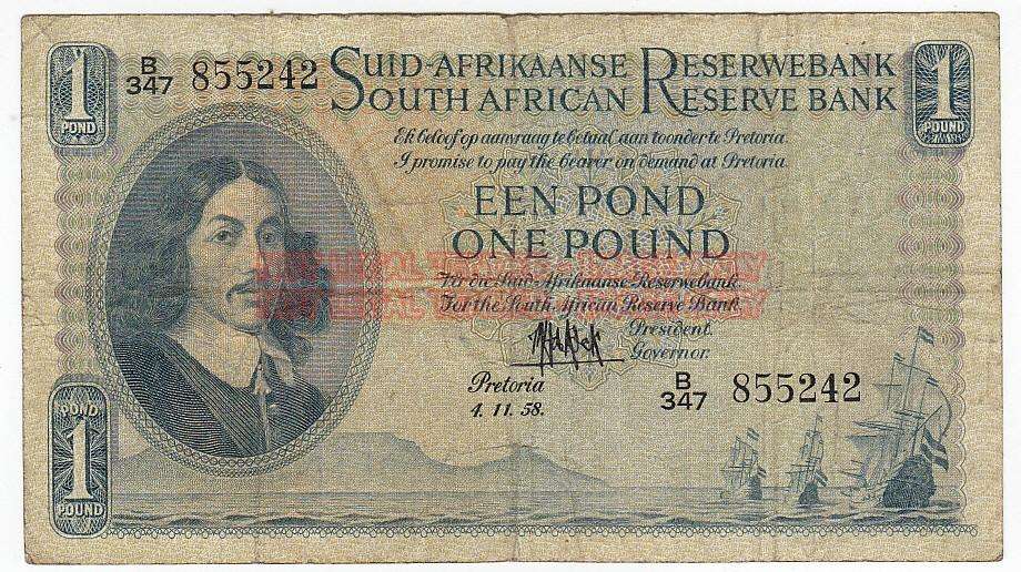 SOUTH AFRICA 1 POUND M.H. DE KOCK 4.11.58 B347 855242