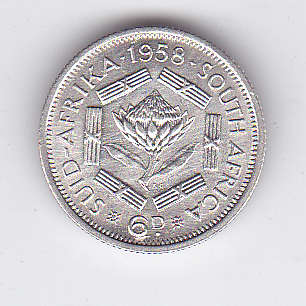 SOUTH AFRICA SIXPENCE 1958 EF