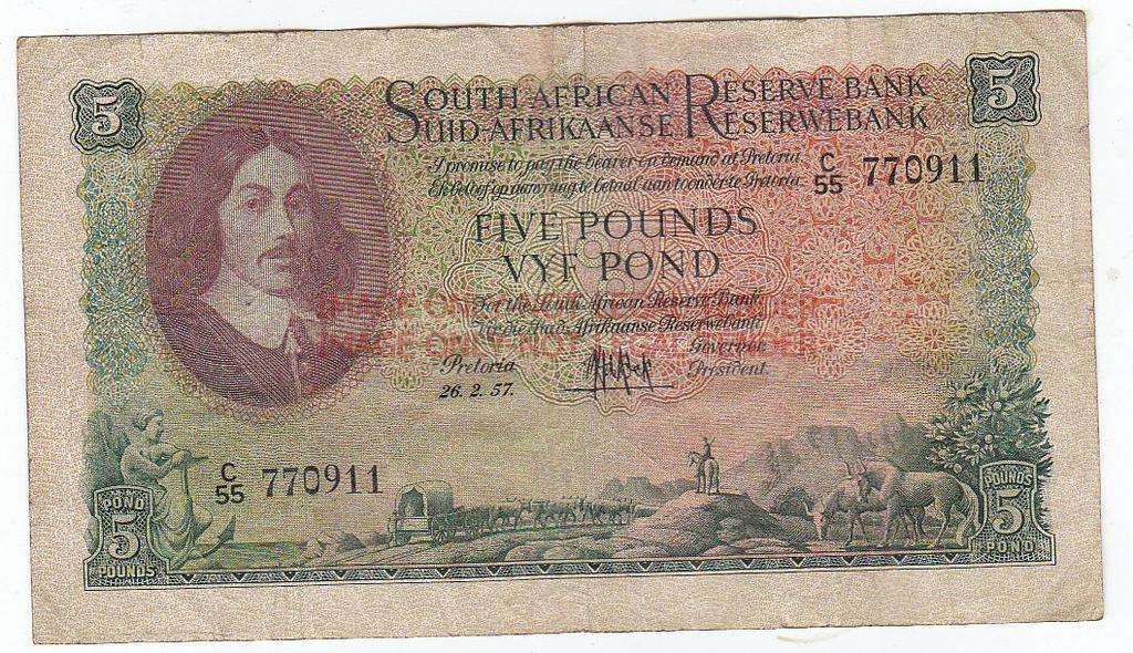 SOUTH AFRICA 5 POUNDS M.H. DE KOCK 26.2.57 C55 770911